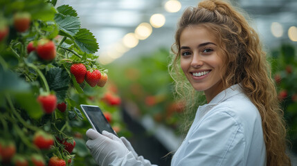 French woman holding tablet cultivate strawberry in modern greenhouse