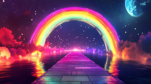 Neon rainbow bridge night walkway lightscape fantasy. Rainbow Bridge. Illustration