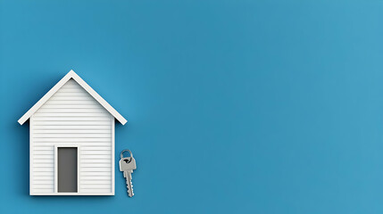 3D Model of Small House and Key Represents Real Estate Sales and Ownership Securely