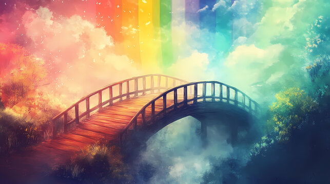 Rainbow bridge to heaven, fantasy art - pastel colors. Rainbow Bridge. Illustration