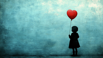 A lonely child's silhouette stands with a rope tied to a red heart-shaped balloon floating against a minimalistic bright tone background with blurred empty space to the side evoking feelings of hope a