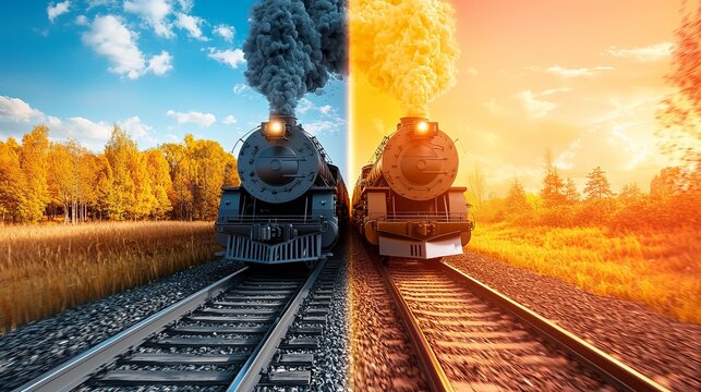 Two steam locomotives face each other on parallel tracks, one under a blue sky, the other under an orange sunset, in an autumnal landscape.