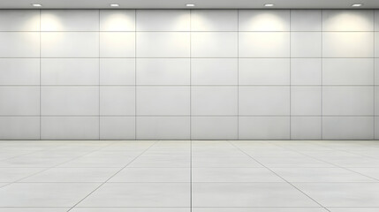 Empty Room with White Tiled Wall and Floor Illuminated by Spotlights, Creating a Bright and Clean Space.