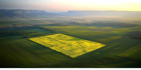 Aerial View of a Vibrant Yellow Rapeseed Field amidst Green Landscape at Sunrise with Rolling Hills