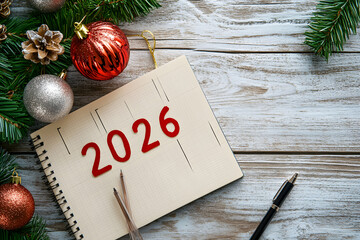 2026 New Year, 2026 written on the sketchbook next to the tree