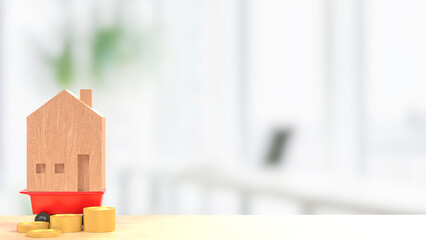 The Wood  House on red cart for Property or Building concept 3d Rendering.