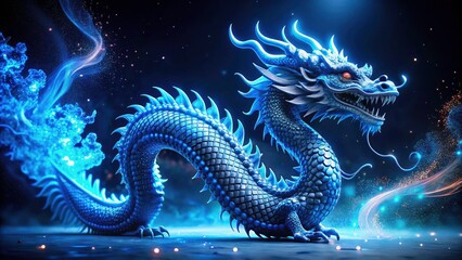 Futuristic blue dragon, a blend of Chinese and cyberpunk aesthetics, dominates a dark digital art scene with glowing scales.