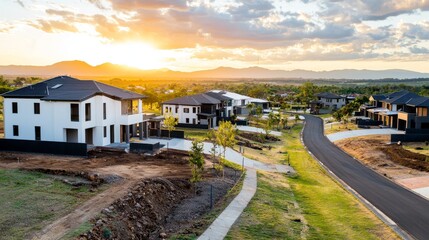 New Residential Development Progress Shot with Modern Homes at Sunset in Vibrant Landscape