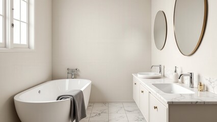 Fototapeta premium White bathtub with a draped gray towel by its side, under an elegant window; inviting and serene bathroom ambiance captured in an eye-level view