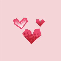 Set of different shaped hearts with halftone effect. Pop art style dotted hearts, isolated on pink background. Vector illustration