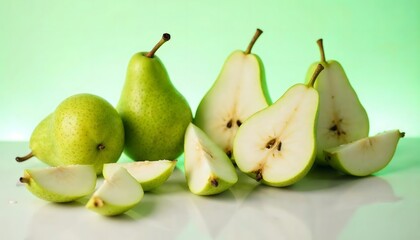 Fresh Green Pears Whole and Sliced on a White Background - Healthy Fruit Display