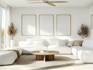 Modern minimalist living room interior design showcases a white sofa, round coffee table, and decorative pampas grass elegantly.
