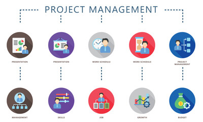 Project management rounded flat color set, contain, job, schedule, skill, presentation, budget and more. use for UI, UX, app and web development, digital or print. for  education, business, finance.
