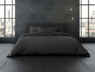 Modern Minimalist Black Bedroom Interior with City View