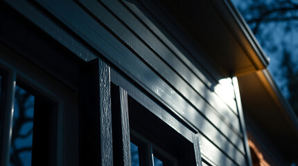 Obraz premium Dramatic Close-up of a Dark Wood House Exterior at Dusk. The image showcases the intricate details of the wood siding, window frames, and shadows cast by the setting sun.