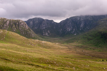 A mountain range with a valley in between