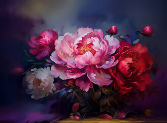 A vibrant bouquet of pink and red peonies, artfully arranged against a dark, moody background.  The blossoms are richly colored and detailed, creating a lush and romantic image.