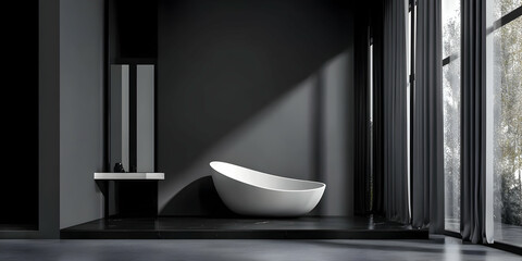 Modern Minimalist Black Bathroom Interior with White Oval Bathtub, Elegant and Functional Design.