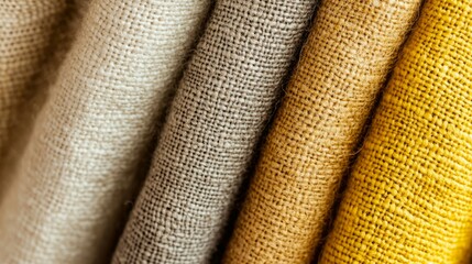 Close-up of textured fabrics in beige, brown, and yellow hues.