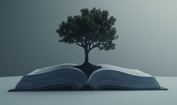 A book with pages transforming into a tree symbolizes knowledge and growth.