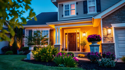 Luxury Home Exterior at Night: Captivating Evening View of a Modern House with Landscaped Garden