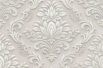 White damask wallpaper with floral patterns