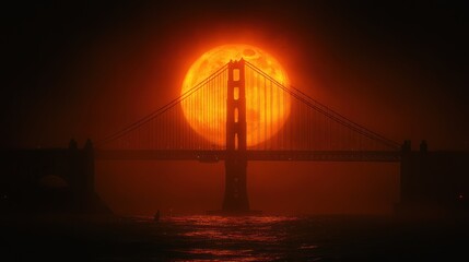 Obraz premium Silhouetted Bridge Against a Fiery Sunset A Dramatic Evening Scene