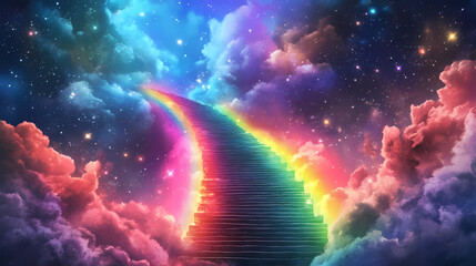 Obraz premium A celestial scene featuring a grand rainbow bridge leading to a staircase ascending into the sky. Rainbow Bridge. Illustration