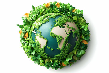 3D Earth Globe Covered with Lush Green Plants and Leaves on White Background