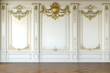Classic Interior Wall with Ornate Panels and Golden Accents Complements the Wooden Floor Elegantly