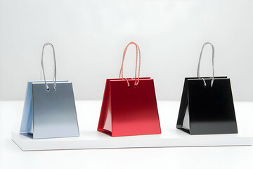 Three Colorful Shopping Bags Stand on a White Platform, Ready for Purchases.