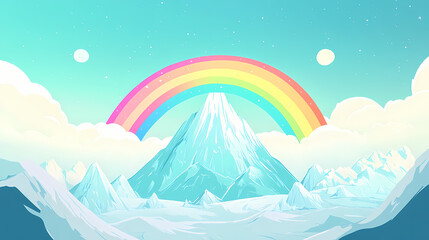 A mountain with a rainbow bridge connecting it to a distant land. Rainbow Bridge. Illustration