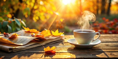 Golden sunlight bathes a rustic table, a warm drink and newspaper its companions, soft-focus garden in the background.