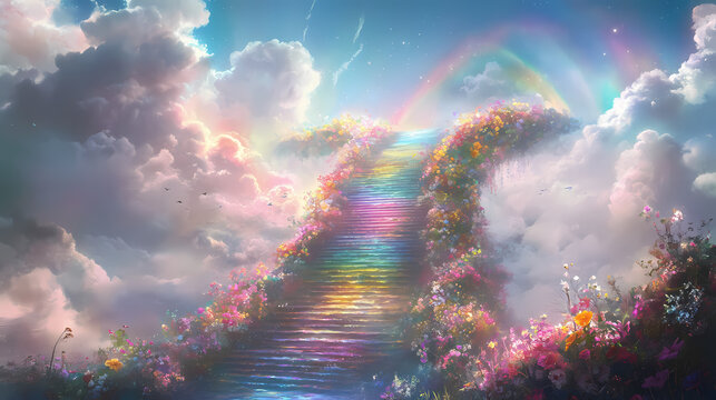 A vibrant celestial tableau of a breathtaking rainbow bridge leading to an expansive staircase adorned with colorful flowers in a soft cloud sky. Rainbow Bridge. Illustration