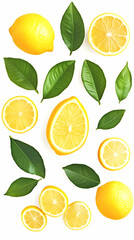 Fresh lemons and leaves are arranged beautifully on a clean white backdrop.