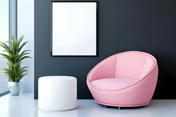 Modern Interior Design with Pink Armchair and Empty Frame Elegantly Complements the Room Decor