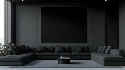 Modern Dark Living Room Interior Design with Black Sofa, Coffee Table and Mockup Canvas Art Print on the Wall