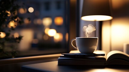 Fototapeta premium Evening coffee, book, lamp, city lights. Relaxing night