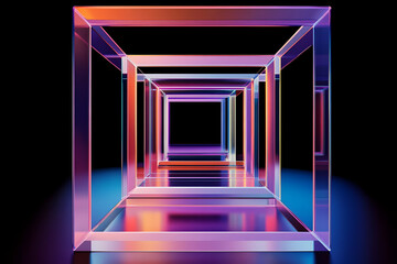 3D Rendered Neon Glowing Glass Cube Tunnel Creates a Futuristic Passageway Abstract Background Design.