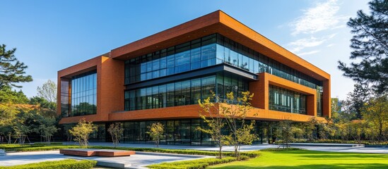 Fototapeta premium Modern orange office building with large glass windows and landscaped grounds.