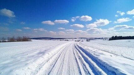 Obraz premium Snowy road through winter field, sunny day