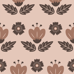 Floral seamless pattern in pastel colors. Beautiful background with flowers and leaves in trendy coffee colors of the year 2025. Hand drawn style