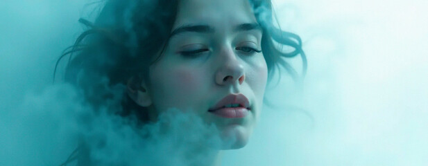 portrait of a woman  blue background | Commercial | Cute | Background for a mistery project  | Fantasy Fog sky