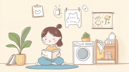 A Cartoon Girl Reading a Book in a Room with a Washing Machine and Plants on a Light Yellow Background