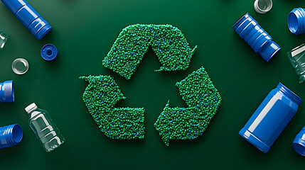 Recycle Symbol Made from Plastic Beads with Empty Plastic Bottles on Green Background Demonstrates Recycling