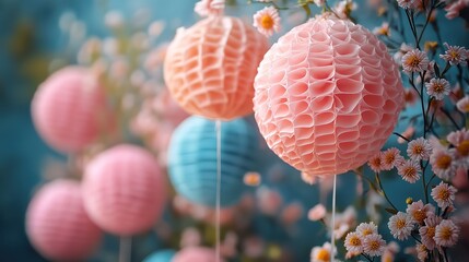 Pastel Paper Lanterns and Floral Display with Soft Colors and Elegant Decoration