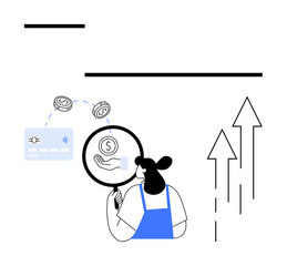 Woman in blue uniform uses magnifying glass to examine dollar symbol. Surrounding her are coins, credit card, and upward arrows. Ideal for finance, investment, banking, savings, growth money
