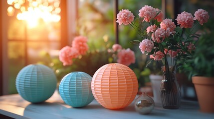 Fototapeta premium A beautiful display of pink flowers and colorful spherical decorations with sunset background