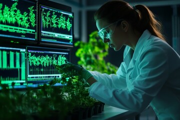 Female scientist analyzing plant growth on computer monitors