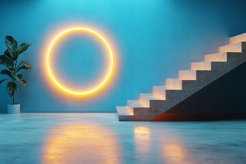 3D render of minimalistic geometric circle and triangle with glowing ring lamp on light blue background, product presentation space.